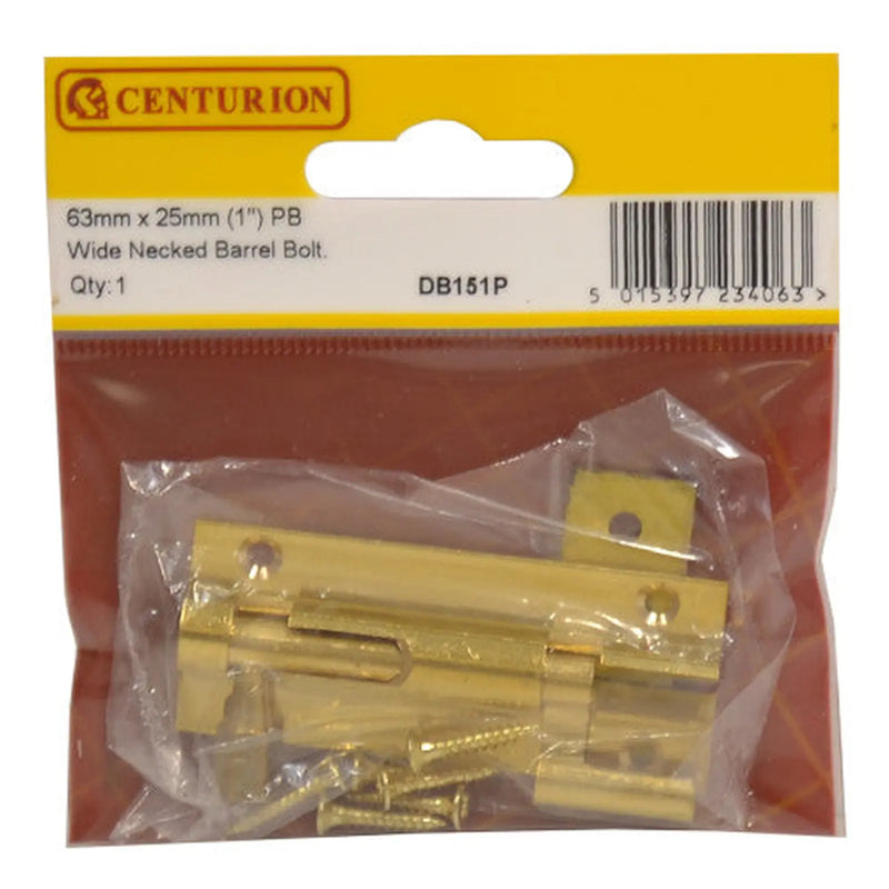 Centurion Necked Barrel Bolts, Polished Brass, 25mm x 63mm - Pack of 5