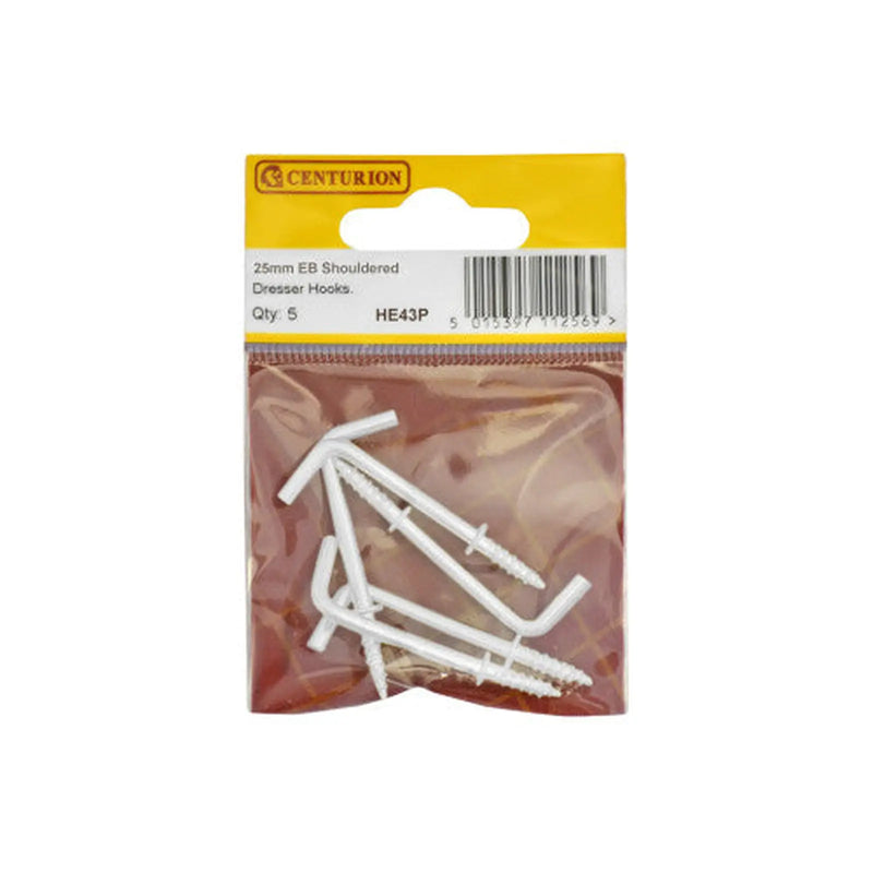 Centurion 25mm White PVC Shouldered Dresser Hooks (Pack of 5)
