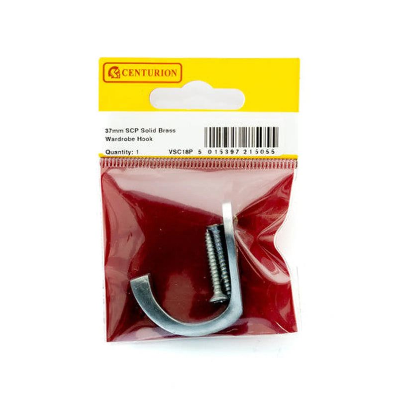 Centurion 50mm Solid Brass Single Wardrobe Hook - Satin Chrome - Pack Qty 1 - Pack of 5