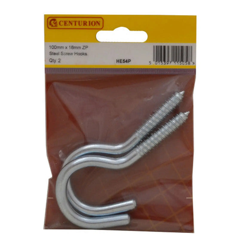 Centurion Steel Screw Hooks - Zinc Plated - 100mm x 7.3mm - (Pack of 2) - Pack of 5