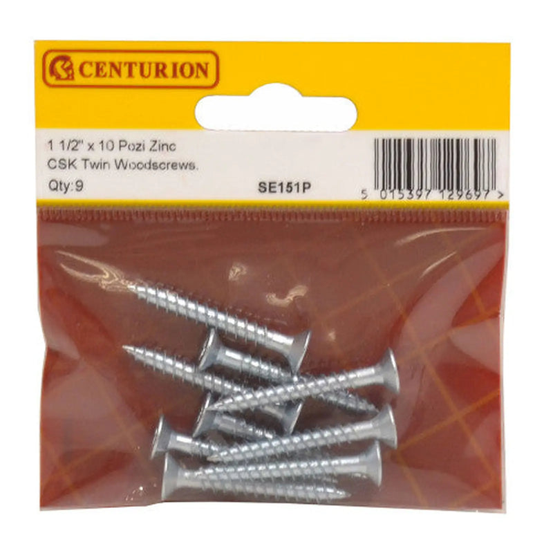 Centurion 1 1/2" x 10 ZP Cross Recessed Hardened Twin Thread Woodscrews with - Pack of 5