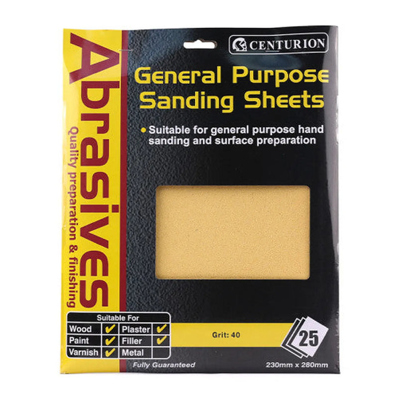 Centurion Abrasives Sandpaper Sheets, Extra Coarse 2½  / 40 Grit - Pack of 5