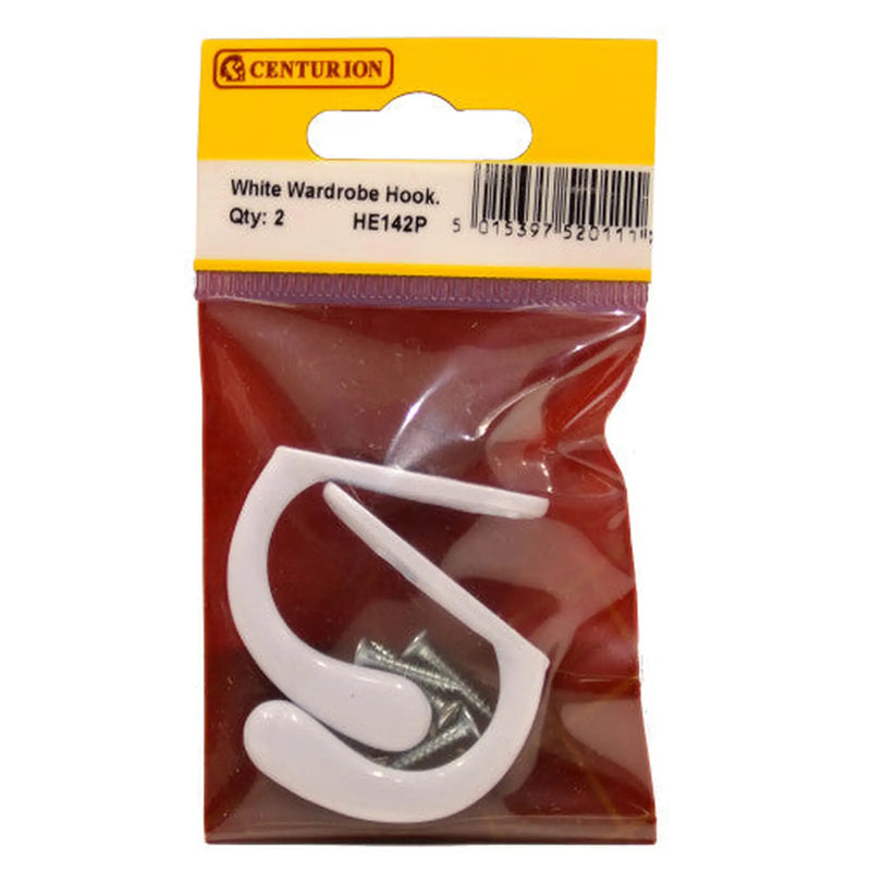 Centurion 50mm Die Cast Single Wardrobe Hook - White - Pack of 2