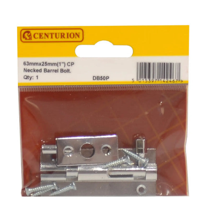 Centurion Necked Solid Brass Barrel Bolts, Polished Chrome, 25mm x 63mm - Pack of 5