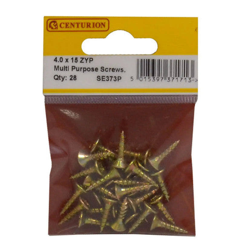 Centurion Multi Purpose Pozi Countersunk Screws, 4 x 15mm, Zinc Yellow Passivated - Min Order 6