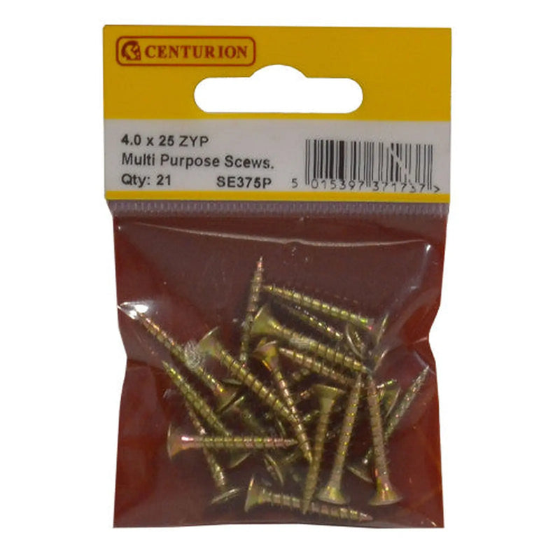 Centurion Multi Purpose Pozi Countersunk Screws, 4 x 25mm, Zinc Yellow Passivated - Min Order 6