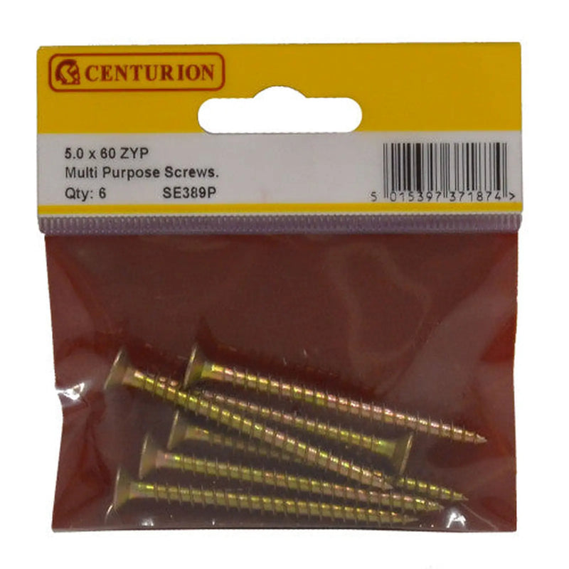 Centurion Multi Purpose Pozi Countersunk Screws, 5 x 60mm, Zinc Yellow Passivated - Min Order 6