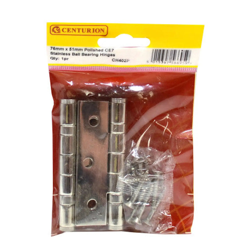 Centurion 76mm x 51mm Polished CE7 Stainless Ball Bearing Hinges - Pack of 5