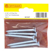 Centurion 2 1/2" x 12 ZP Cross Recessed Hardened Twin Thread Woodscrews with Countersunk Head (Pack of 5)