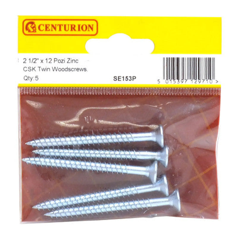 Centurion 2 1/2" x 12 ZP Cross Recessed Hardened Twin Thread Woodscrews with Countersunk Head (Pack of 5)