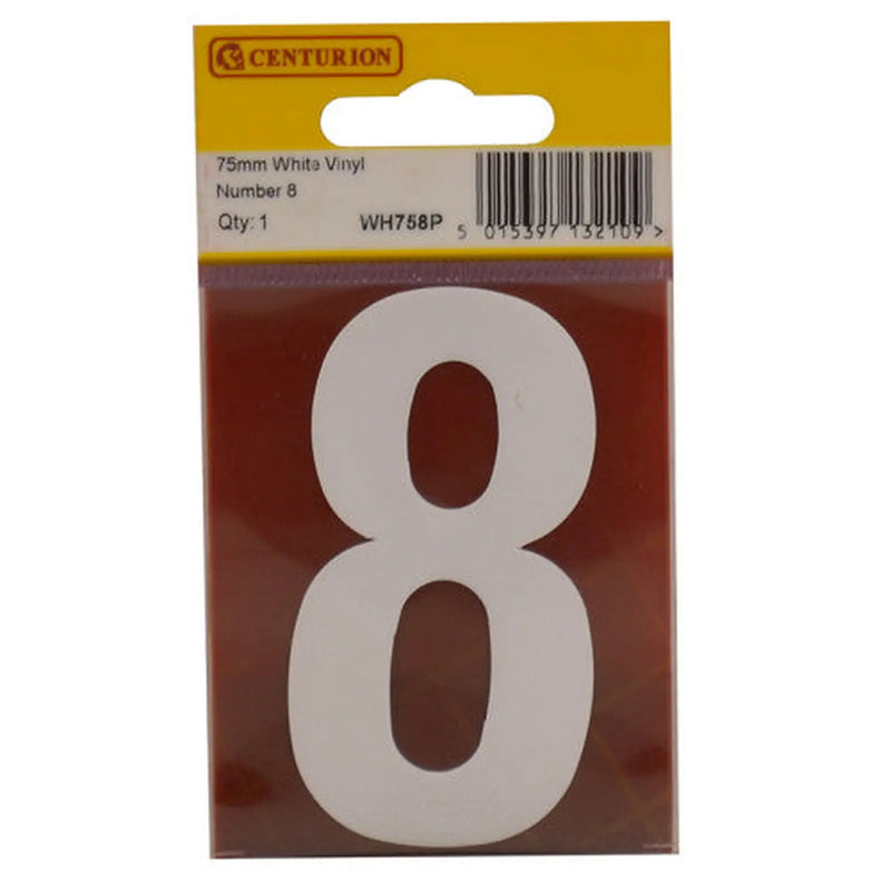 Centurion 75mm White Helvetica Bold Condensed Style Vinyl Number 8 - Pack of 10