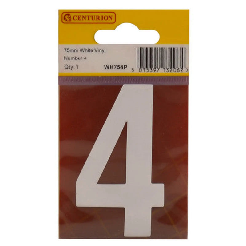 Centurion 75mm White Helvetica Bold Condensed Style Vinyl Number 4 - Pack of 10