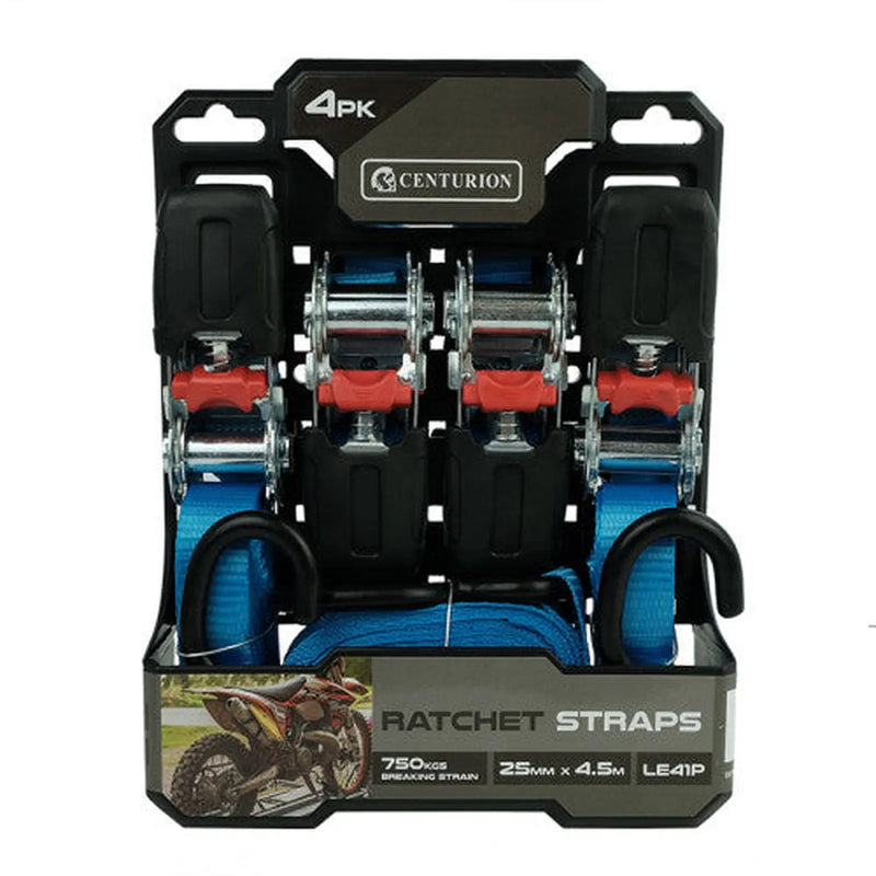 Centurion Ratchet Tie Down (Pack of 4) - 750kg Breaking Strength - 4.5m - Pack of 8