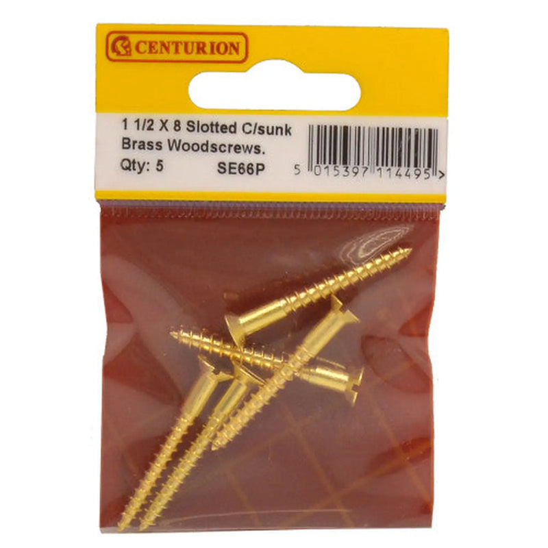 Centurion 1 1/2" x 8 Slotted Brass Woodscrew - Countersunk Head - (Pack of 5)