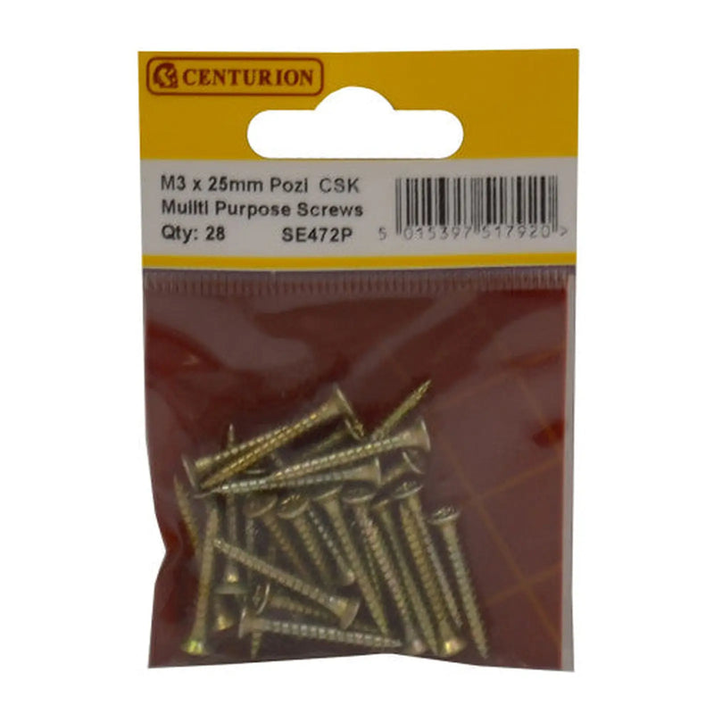 Centurion Multi Purpose Pozi Countersunk Screws, 3 x 25mm, Zinc Yellow Passivated - Min Order 6