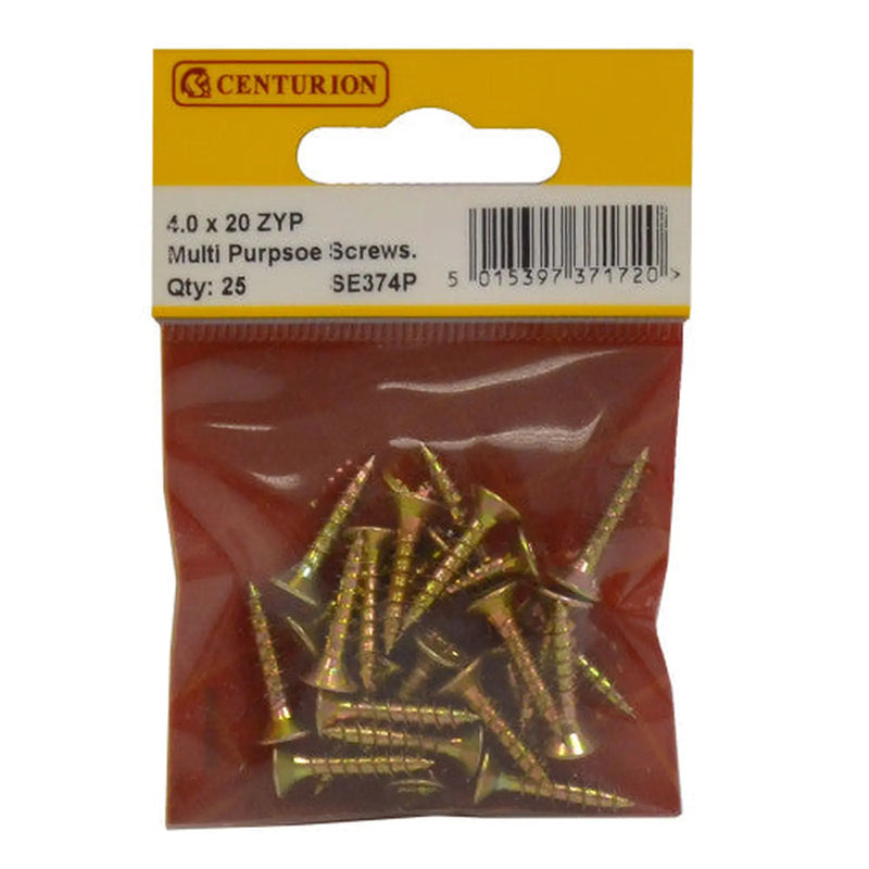 Centurion Multi Purpose Pozi Countersunk Screws, 4 x 20mm, Zinc Yellow Passivated - Min Order 6