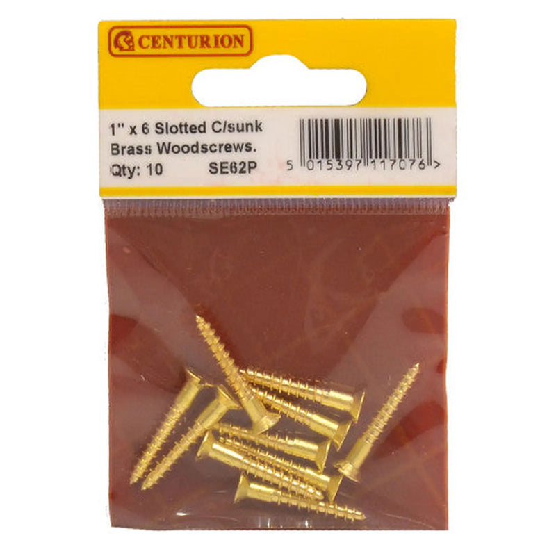 Centurion 1" x 6 Slotted Brass Woodscrew - Countersunk Head - (Pack of 10) - Pack of 5