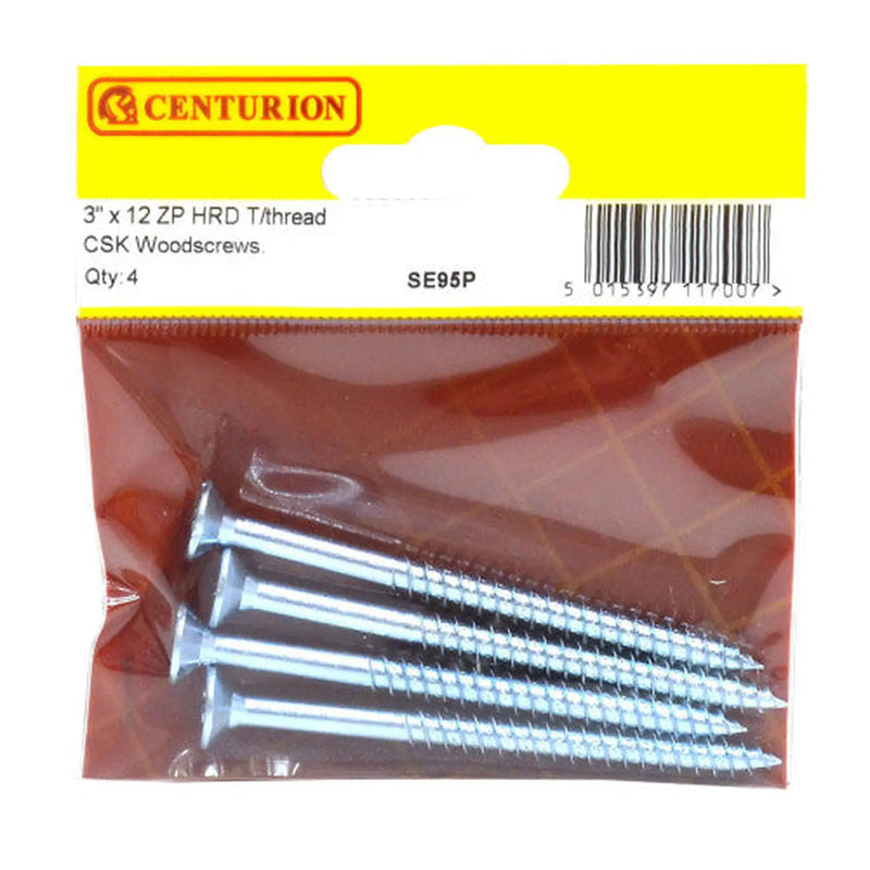 Centurion 3" x 12 ZP Cross Recessed Hardened Twin Thread Woodscrews with - Pack of 5