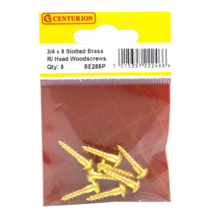 Centurion 3/4" x 8 Slotted Round Head Woodscrew - Solid Brass - (Pack of 8) - Pack of 5