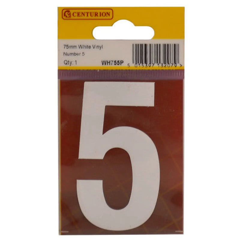 Centurion 75mm White Helvetica Bold Condensed Style Vinyl Number 5 - Pack of 10