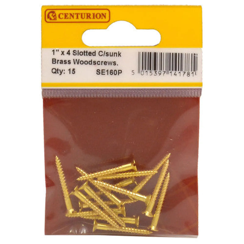 Centurion 1" x 4 Slotted Brass Woodscrew - Countersunk Head - (Pack of 15) - Pack of 5