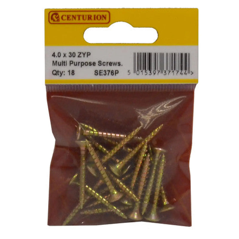Centurion Multi Purpose Pozi Countersunk Screws, 4 x 30mm, Zinc Yellow Passivated - Min Order 6