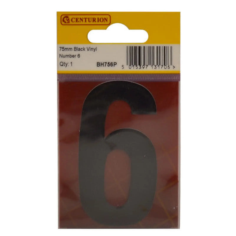 Centurion 75mm Black Helvetica Bold Condensed Style Vinyl Number 6 - Pack of 10