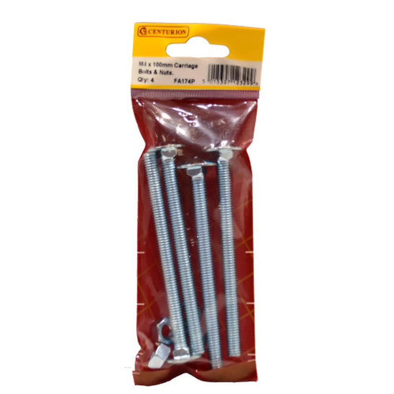 Centurion M8 x 100mm ZP Small Carriage Bolts & Nuts (Pack of 4) - Pack of 5