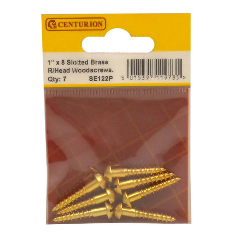 Centurion 1" x 8 Slotted Round Head Woodscrew - Solid Brass - (Pack of 7) - Pack of 5