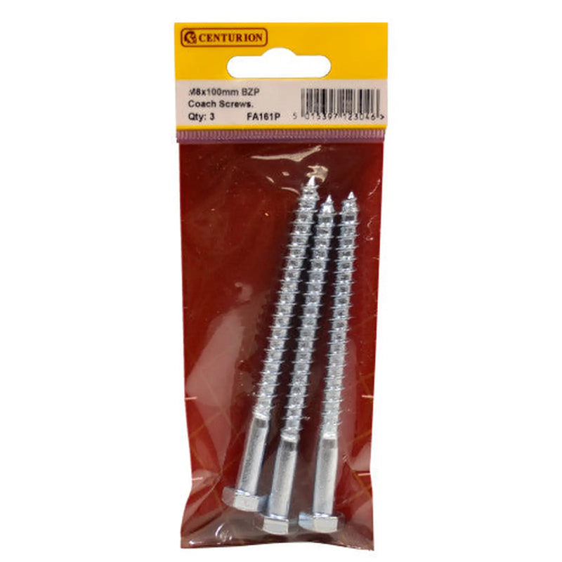 Centurion M8 x 100mm ZP Coach Screws  (Pack of 3) - Pack of 5