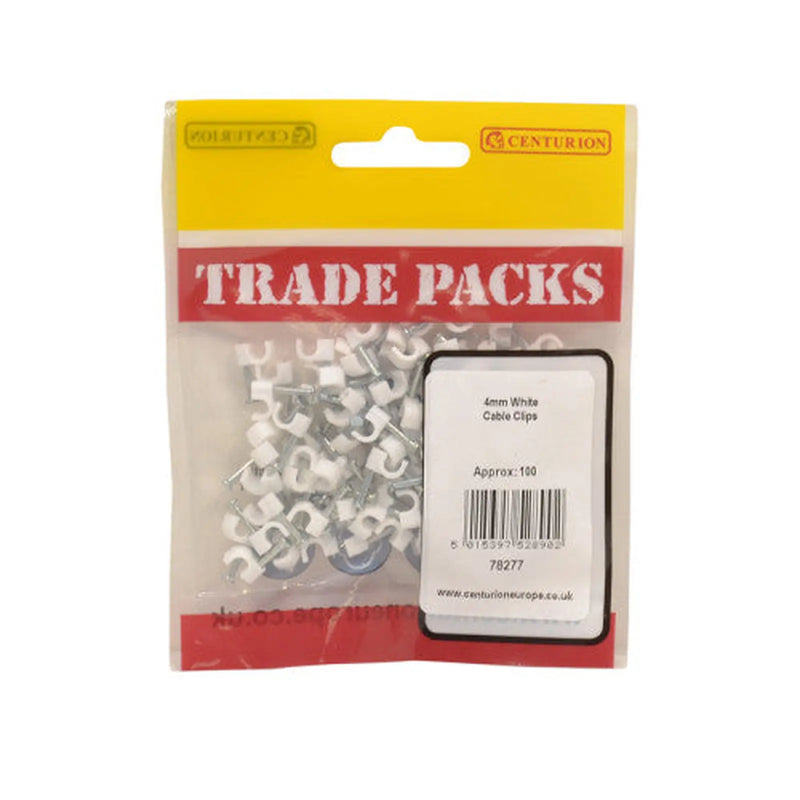 Centurion Round Cable Clips - White - 4mm - (100 PK) - Pack of 5