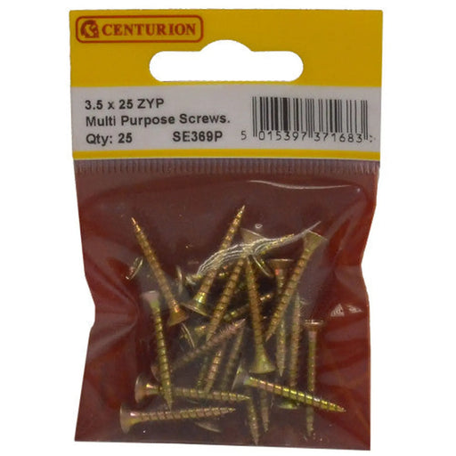 Centurion Multi Purpose Pozi Countersunk Screws, 3.5 x 25mm, Zinc Yellow Passivated - Min Order 6