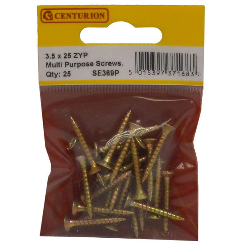 Centurion Multi Purpose Pozi Countersunk Screws, 3.5 x 25mm, Zinc Yellow Passivated - Min Order 6
