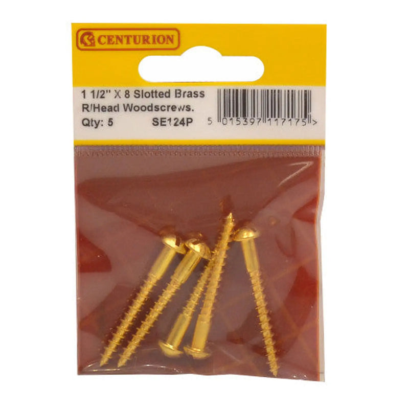Centurion 1 1/2" x 8 Slotted Round Head Woodscrew - Solid Brass - (Pack of 5)