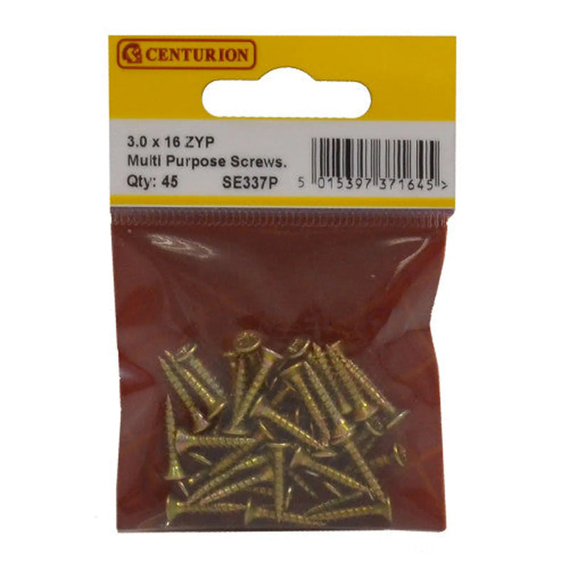 Centurion 3mm x 16mm ZYP Multi Purpose Single Thread Countersunk Pozi Screws - Pack of 5