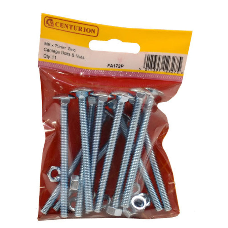 Centurion M6 x 75mm ZP Small Carriage Bolts & Nuts (Pack of 11) - Pack of 5