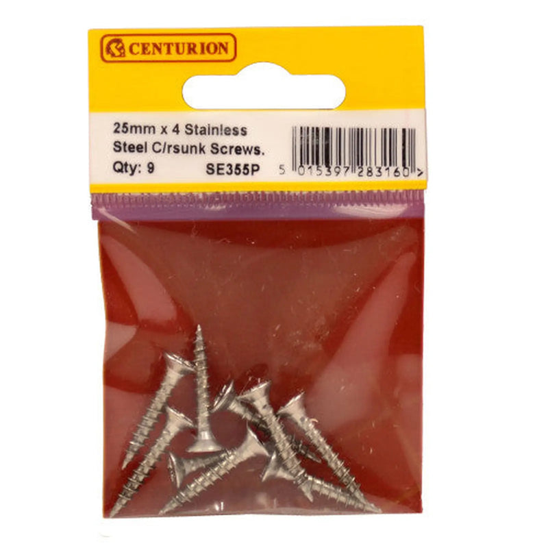 Centurion 4mm x 25mm Stainless Steel Chipboard Screws CRCS Head Countersunk - Pack of 5