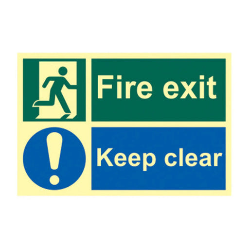 Centurion 'Fire Exit Keep Clear' Sign, 1.3mm Rigid Self Adhesive Photoluminescent (300mm x 200mm)