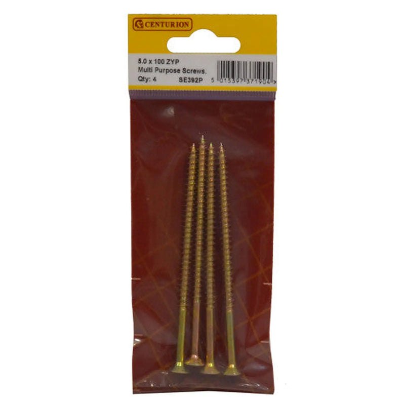 Centurion Multi Purpose Pozi Countersunk Screws, 5 x 100mm, Zinc Yellow Passivated - Min Order 6