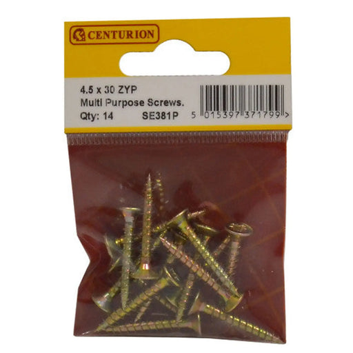 Centurion Multi Purpose Pozi Countersunk Screws, 4.5 x 30mm, Zinc Yellow Passivated - Min Order 6