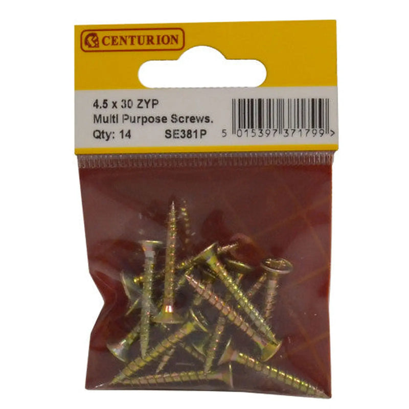 Centurion Multi Purpose Pozi Countersunk Screws, 4.5 x 30mm, Zinc Yellow Passivated - Min Order 6