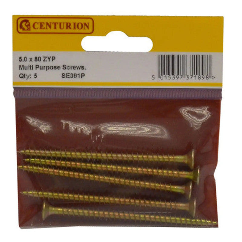 Centurion 5mm x 80mm ZYP Multi Purpose Single Thread Countersunk Pozi Screws (Pack of 5)