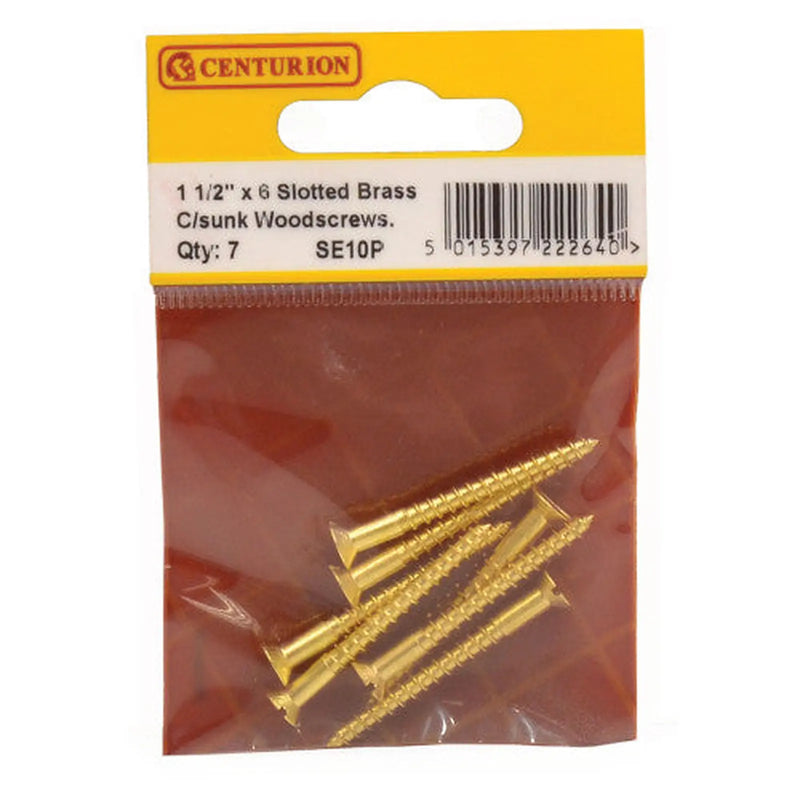 Centurion 1 1/2" x 6 Slotted Brass Woodscrew - Countersunk Head - (Pack of 7) - Pack of 5