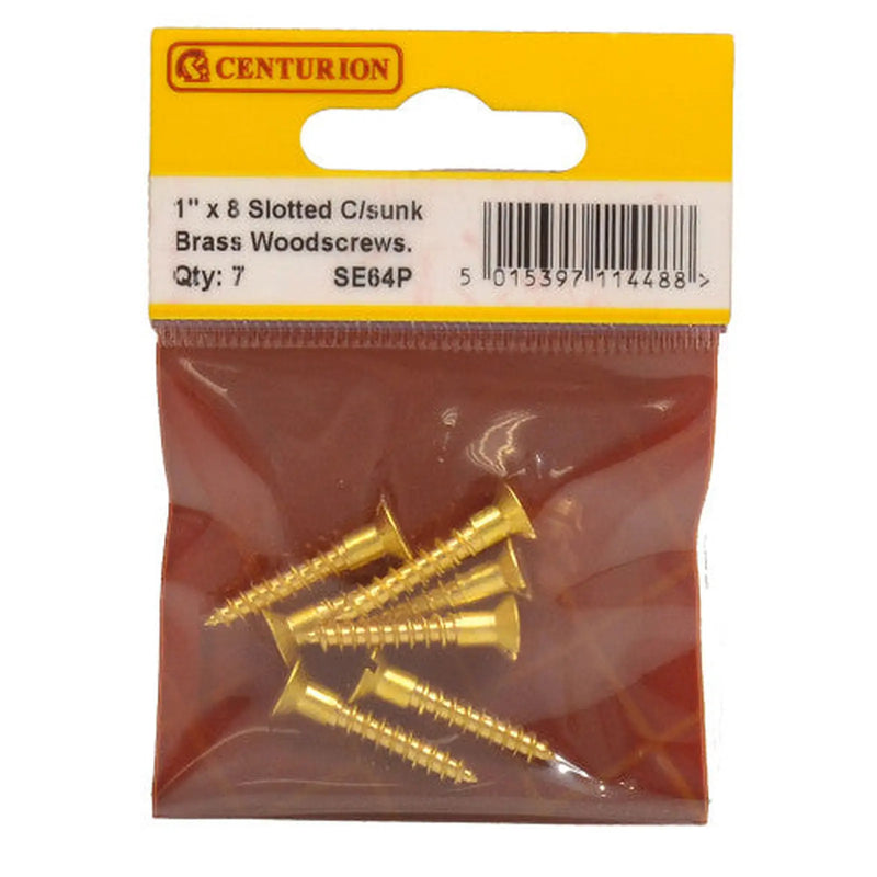 Centurion 1" x 8 Slotted Brass Woodscrew - Countersunk Head - (Pack of 7) - Pack of 5