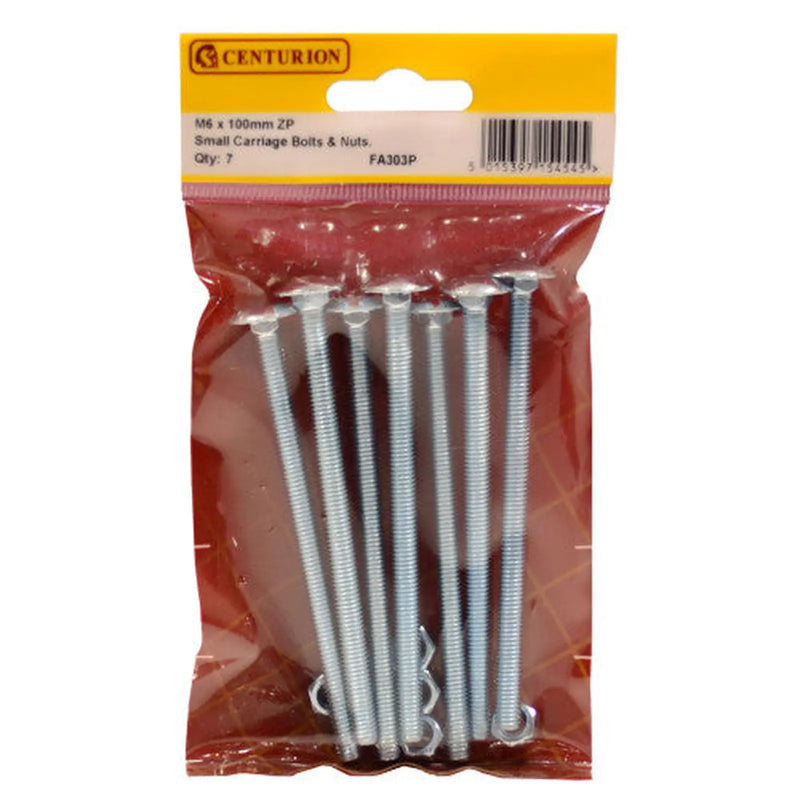 Centurion M6 x 100mm ZP Small Carriage Bolts & Nuts  (Pack of 7) - Pack of 5