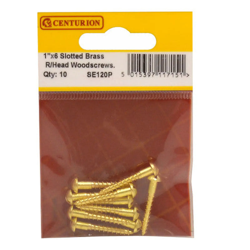 Centurion 1" x 6 Slotted Round Head Woodscrew - Solid Brass - (Pack of 10) - Pack of 5