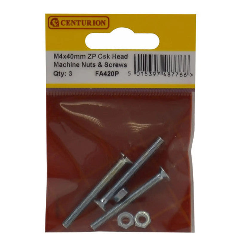 Centurion M4 x 40mm Machine Screws & Nuts - Countersunk Head - Zinc Plated - - Pack of 5