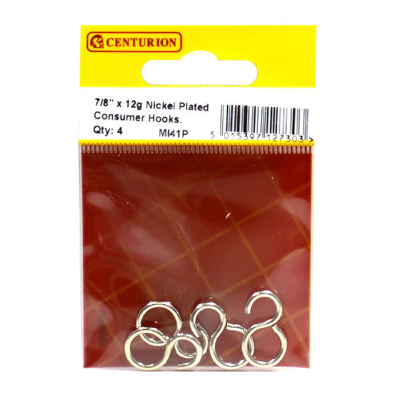 Centurion Solid Brass Consumer Hooks, Nickel Plated, 22mm x 2mm - Min Order 6