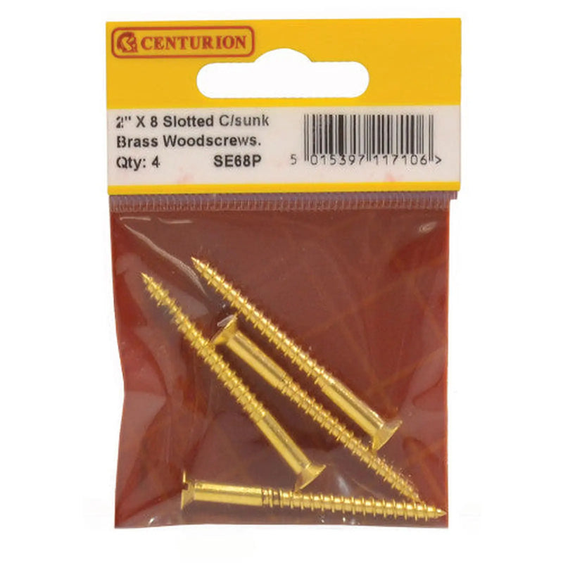Centurion 2" x 8 Slotted Brass Woodscrew - Countersunk Head - (Pack of 4) - Pack of 5