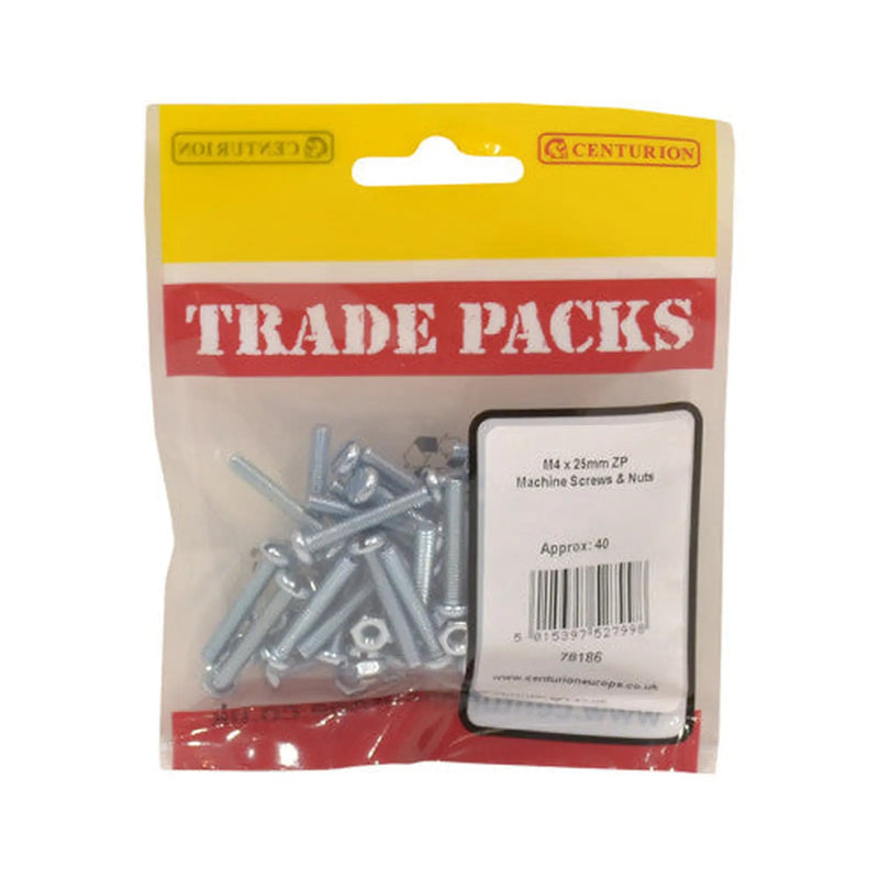 Centurion Machine Screws & Nuts - Zinc Plated - M4 x 25mm - (40 PK) - Pack of 5